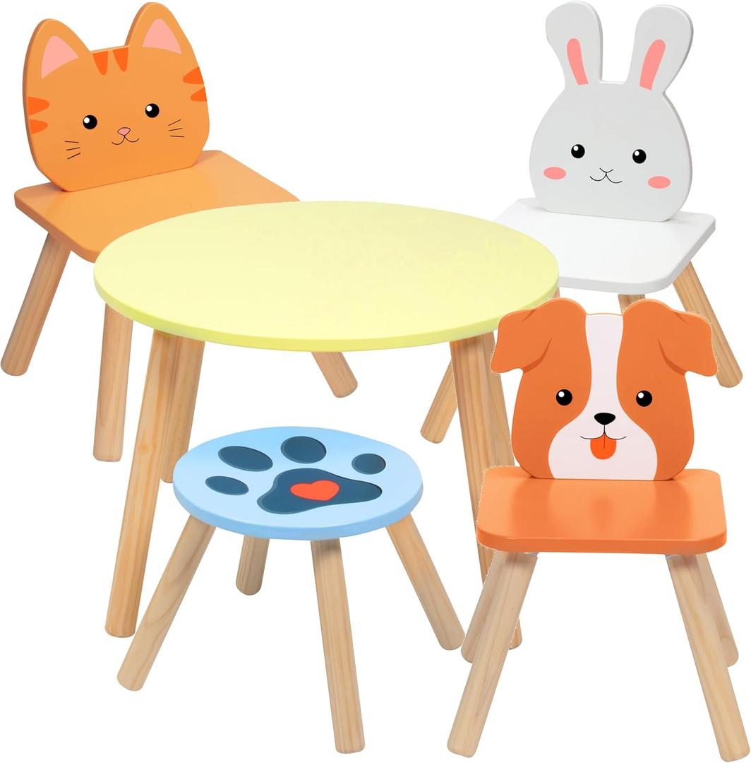 Kids Wooden Animal Table & Chair Set w 4 Seats- Puppy Kitten Bunny Plus Adult Stool for Arts & Crafts, Coloring, Activity, Dining, Pretend Play- Toddler Playroom Furniture for Home, Daycare Classroom, Onesize