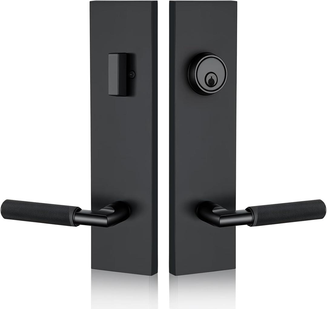 Matte Black Front Door Handle with Knurled Grip Durable Entry Lock Set with Deadbolt, Exterior Lever & 3 Keys, Fits Left & Right Hand Doors (Keyed Handleset, Matte Black)
