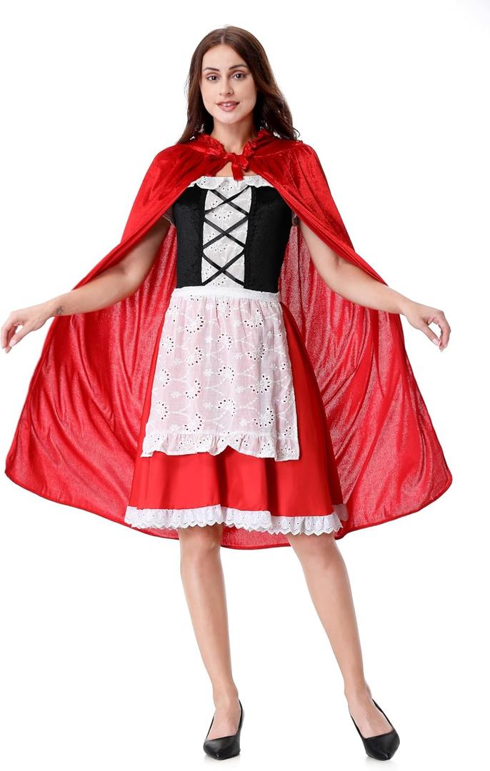 LMYOVE Adult Women Velvet Little Red Riding Hood Costume with Hood for Halloween Christmas parties (X-Large, Strap Flower Ball Lace)