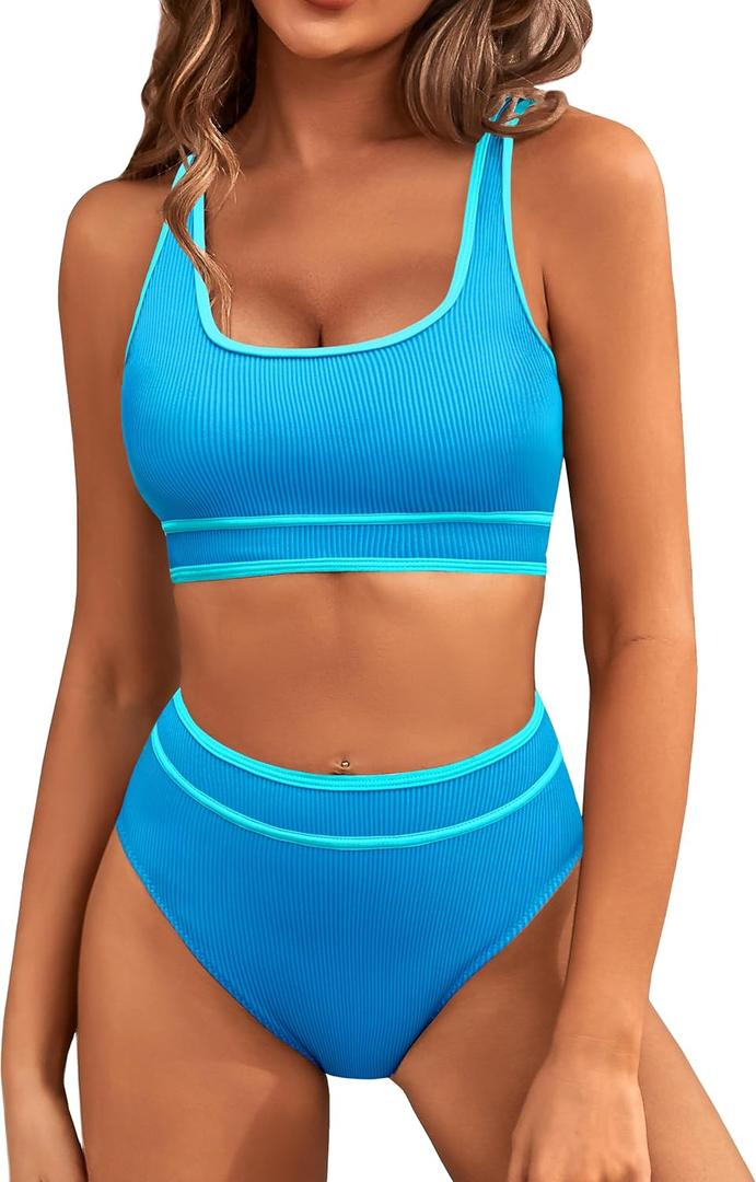 BMJL Women's High Waisted Bikini Sets Sporty Two Piece Swimsuits Color Block Cheeky High Cut Bathing Suits (X-Large, Blue Ribbed011)