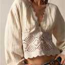 SHENHE Women's Deep V Neck Button Up Crochet Patchwork Long Sleeve Vintage Crop Blouse Top (S, Apricot)