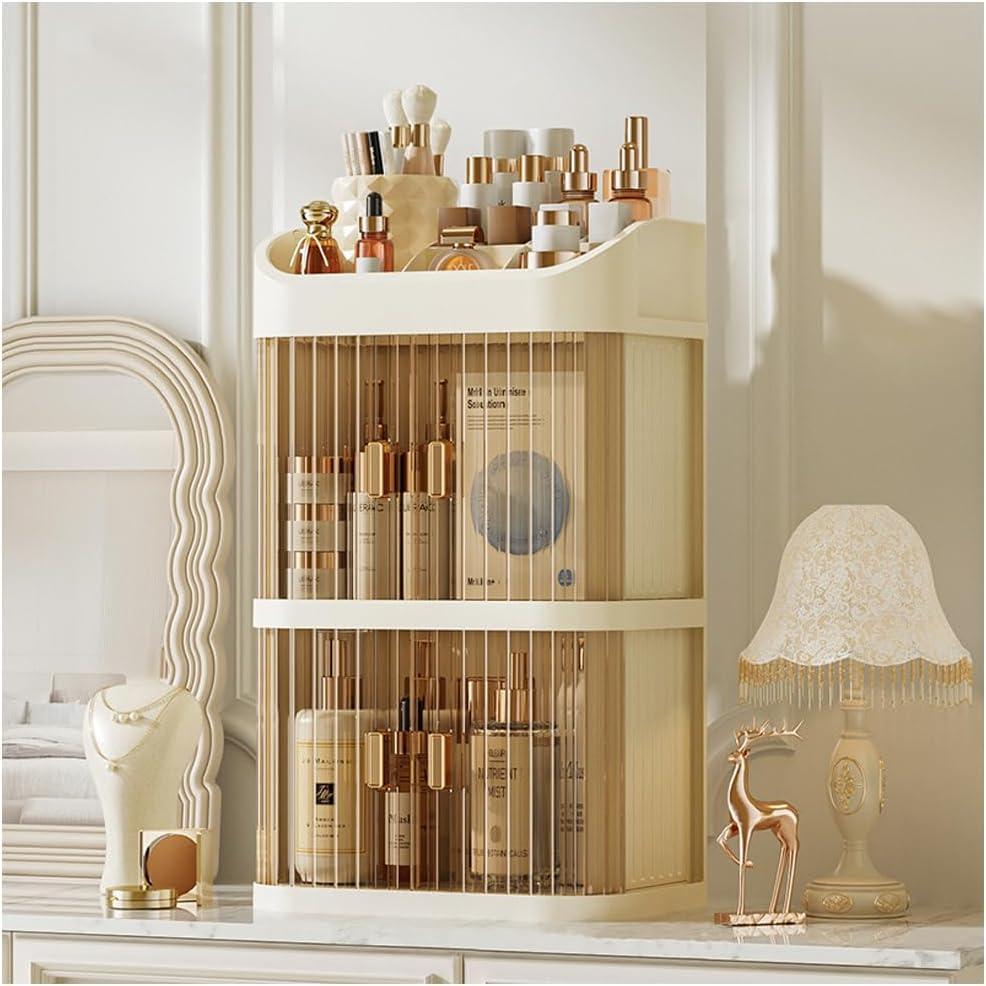 3 Layers Makeup Organizer, Large Capacity Cosmetic Storage Box, Dustproof Skincare Display Case, Bedroom Vanity Desk Countertop Organizer (Creamy yellow)