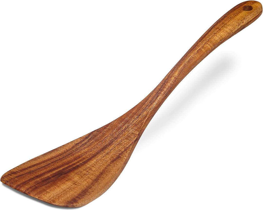 Wooden Spatula Nonstick Turner Acacia Wood, Right Long Handle Flat Frying Spatulas Handmade for Mother Wife Grandma Her Kitchen Gift, Ideal Cookware Utensils for Cooking Eggs, Fish, Pancakes (12 Inch, Brown)