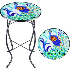 14 Inch Small Outdoor Side Table with Colorful Peacock, Glass Mosaic Patio Table Indoor, Round Plant Coffee Table for Living Room, Balcony, Garden (1pcs)