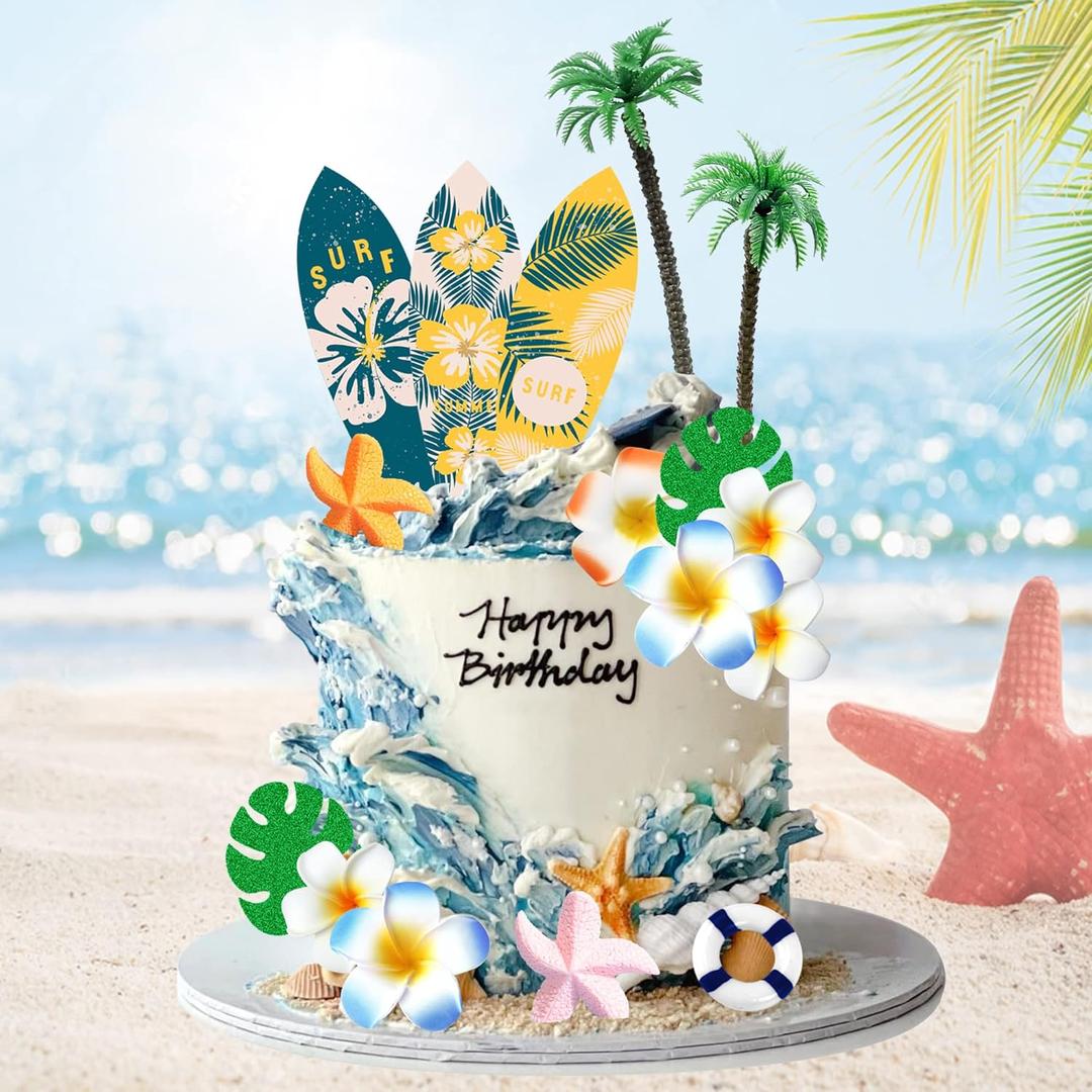 Summer Beach Happy Birthday Cake Topper Surfboard Palm Model Tree Umbrella Chair for Swimming Beach Luau Birthday (Surfboard)
