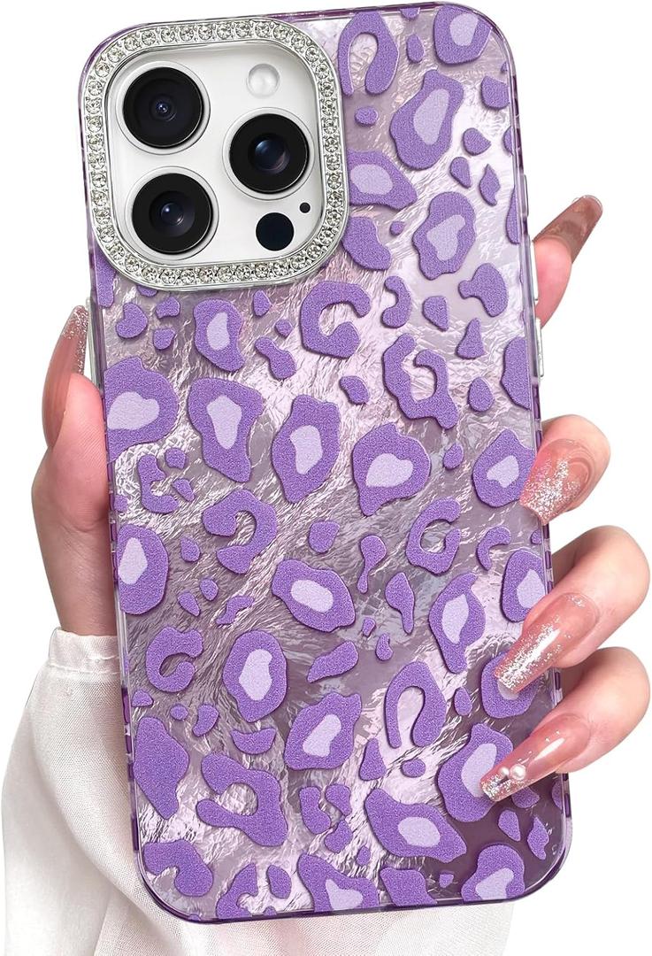 KANGHAR Case for iPhone 16 Pro Max Leopard Printed Pattern Cute Cheetah Phone Case Clear Bumper Hard Back Shockproof Protective Diamond Glittter Camera Lens Cover for iPhone 16 Pro Max Purple