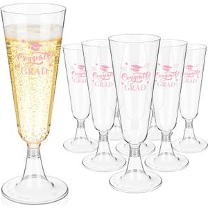 Domensi 24pcs 5 oz Plastic Graduation Champagne Flutes 2026 Congrats Grad Cups Disposable Shatterproof Cocktail Mimosa Glasses for Graduation Prom Party Favor(Pink)