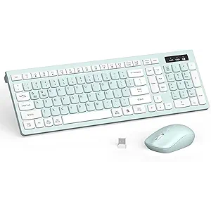Wireless Keyboard and Mouse Combo, Full-Sized Wireless Keyboard and Adjustable DPI Mouse, 2.4GHz USB Receiver, Keyboard and Mouse for PC, Windows, Desktop, Laptop (Mint Green and White)