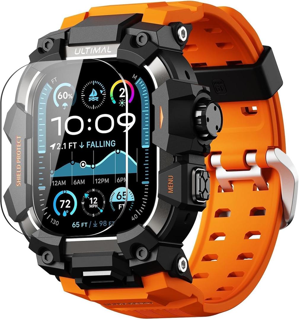 ULTIMAL Rugged Case with Band for Apple Watch 49mm,Compatible with Apple Watch Ultra 3/2/1, Military Grade Shockproof Bumper Cover for iWatch Tactical Band Men (49mm,Orange)