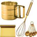 Gold Flour Sifter Baking Tool Set, findTop Stainless Steel 4-Piece Kit with 10" Whisk, Dough Scraper & 5 Measuring Spoons, Mirror Polished, Easy to Clean, for Cake Bread Cookie Prep