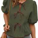Falechay Womens Summer Tops Bowknot Puff Short Sleeve Blouses Dressy Casual Cute Babydoll Flowy Peplum Shirt for Women (Green, M)
