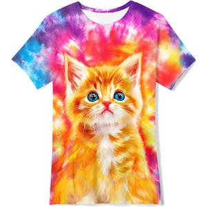 SunFoucs Girls Kids Shirts Size 5-12 Tie Dye Casual Tshirt Short Sleeve Crewneck Tee Top (9-10 Years, Cat 02)