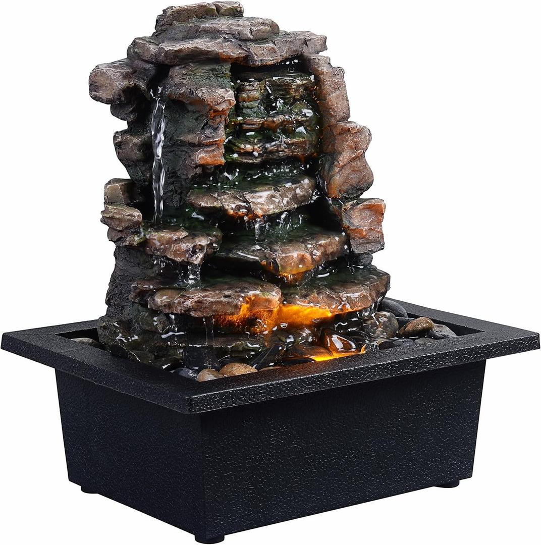 GOSSI Home Dcor Waterfall Meditation Fountain Indoor Tabletop Many Natural River Rocks Decorated Office Home Tabletop Fountion with LED Lights Christmas Decorations