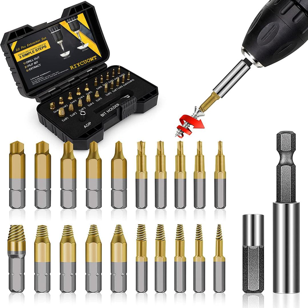 Gifts for Men - 22Pcs Titanium Damaged Screw Extractor Set, Remover for Stripped Head Screws Nuts & Bolts Drill Bit Tools for Easy Removal of Rusty & Broken Hardware High Speed Steel Superb Gift