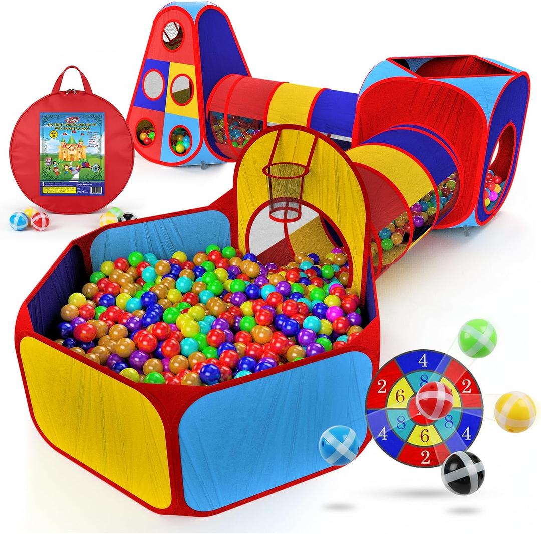 Playz 5pc Kids' Play Tents & Tunnels - Ball Pit for Toddlers, Basketball Hoop, Crawling Tubes, Pop-Up Playhouses, Baby Obstacle Course for Indoor or Outdoor Use, 5pc Tents and Tunnels