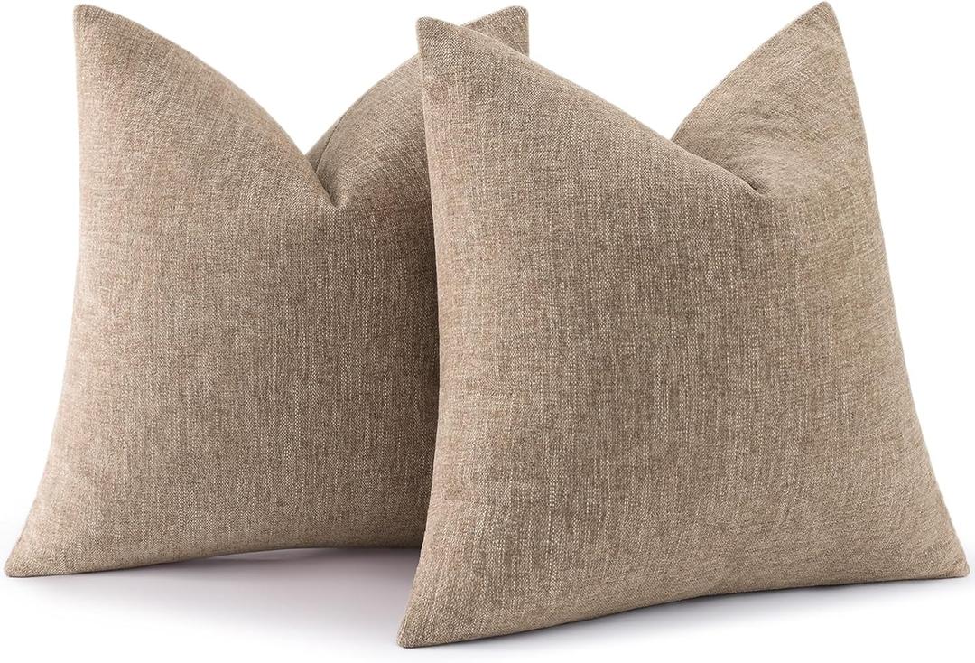 decorUhome Chenille Decorative Throw Pillow Covers 18x18 Set of 2, Farmhouse Textured Square Neutral Solid Accent Pillow Covers for Couch Sofa Bed Living Room Home Decor, Khaki
