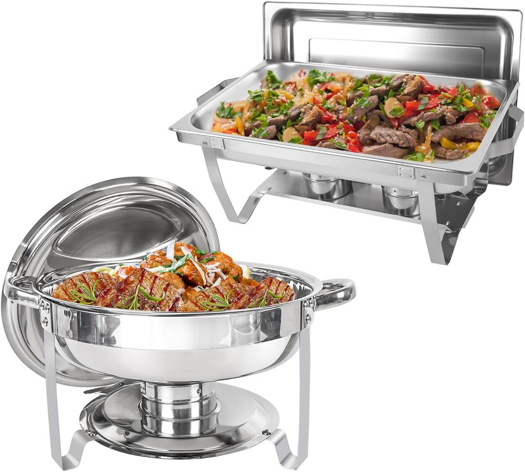 IMACONE Chafing Dish Buffet Set 2 Pack, 8 QT Rectangle & 5QT Round Stainless Steel Chafer for Catering, Chafers and Buffet Warmer Sets w/Food & Water Pan, Lid, Fuel Holder for Event Party Holiday