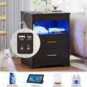 Night Stand with Gun Drawer, Charging Bedside Table with USB & Type-C Port, LED Nightstand with Human Sensor Light, Modern End Table with Drawers for Bedroom Office, Black