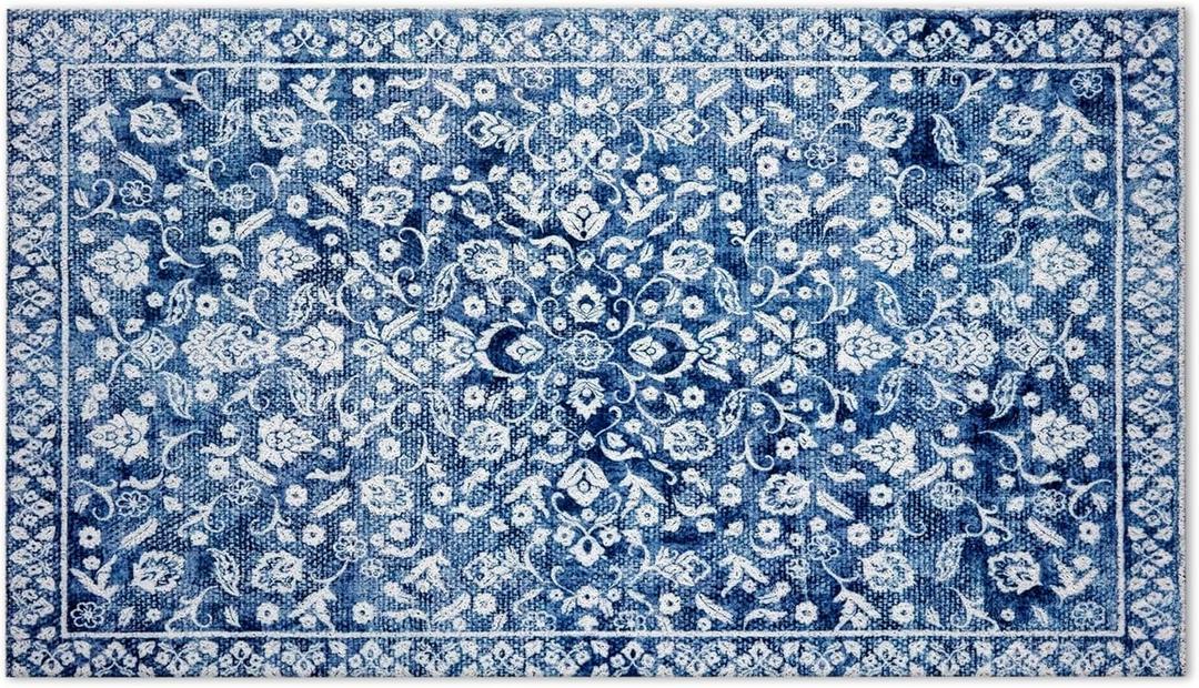 Vintage Persian Door Mat, Shabby Chic Blue Floral Doormat for Front Door Entrance Porch, Blue and White Bath Mats for Bathroom, Classic Welcome Mats for Outdoor Entryway, 17x30 Inches