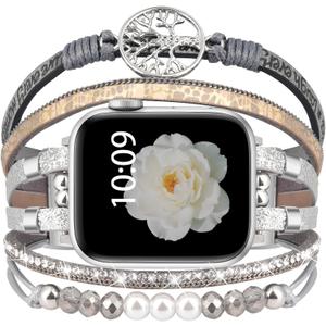 Boho Dressy Bracelet for Apple Watch Band 46mm 40mm 38mm 41mm 44mm 42mm 45mm 49mm Women, Elegant Handmade Beaded Leather Strap Accessories for iWatch Bands SE Series 11 10 9 8 7 6 5 4 3 2 1