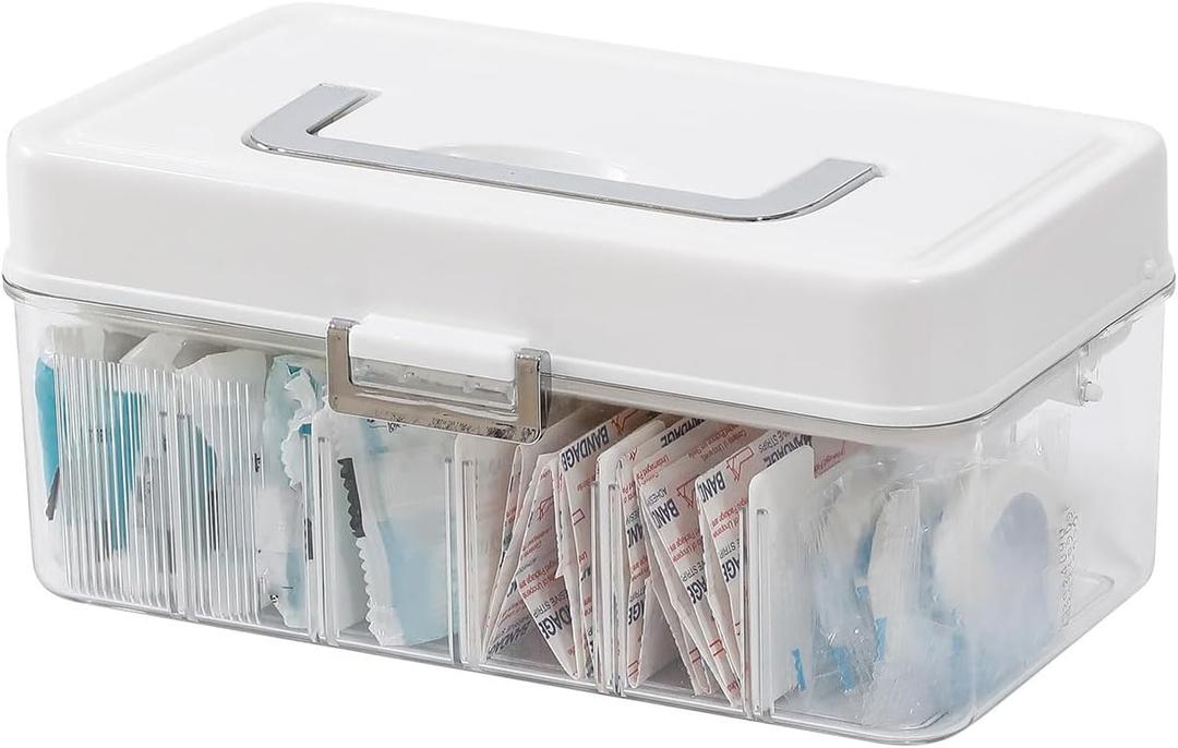 Plastic Bandages Organizer with Lid and Adjustable Dividers | Clear First Aid Bandage and Tapes Storage Container, For Home Office, Bathroom Medicine Cabinet, Ointments, Medical Wrap