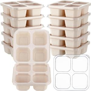 12 Pcs 4 Divided Compartments Snack Containers Bento Wheat Straw Snack Box with Lid Reusable Meal Prep Lunch Box Food Storage Containers for Adults Travel Work, (Beige)