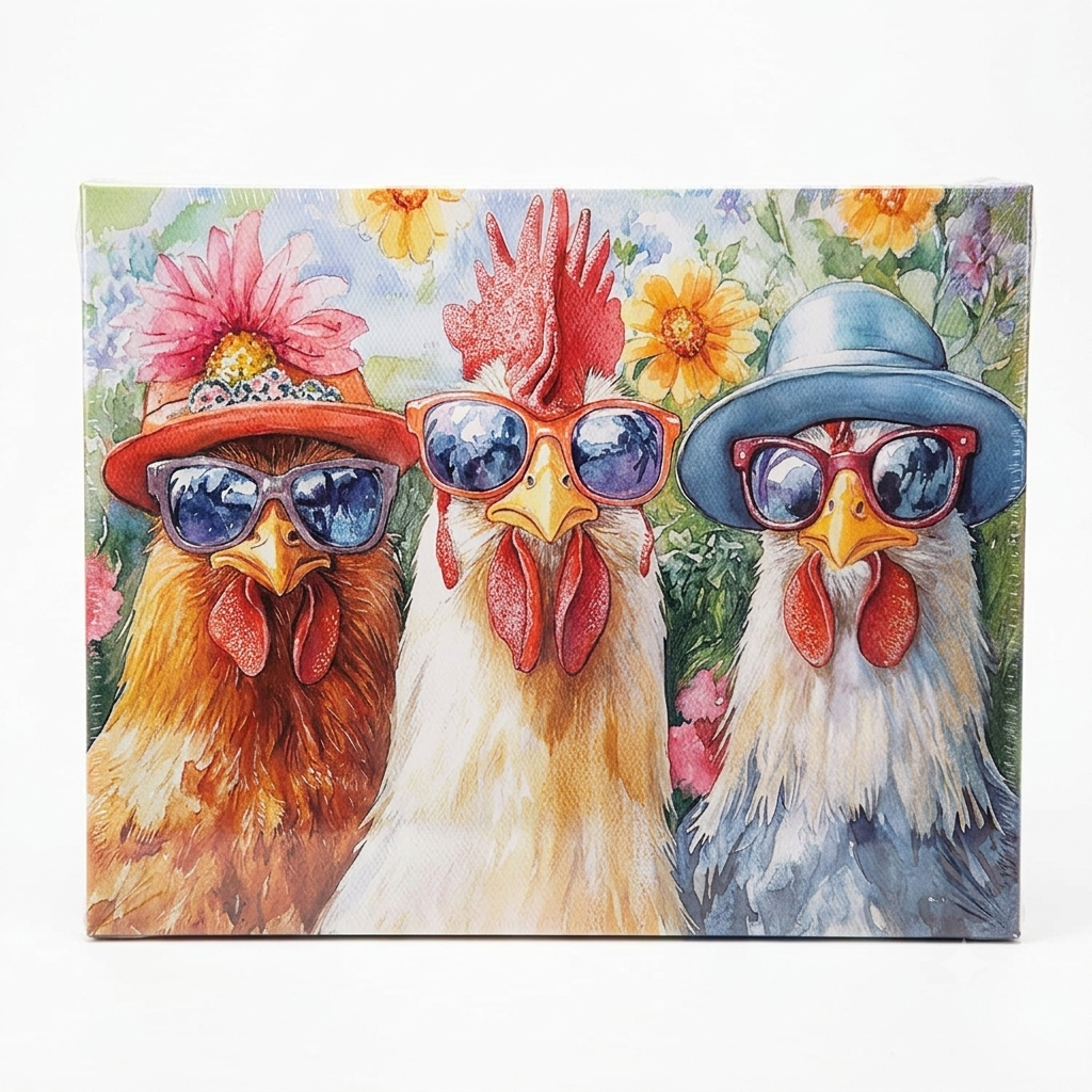ZSHARTSWD Funny Roosters Wall Art Color Chicken with Glasses Pictures Farm Animals Painting Farmhouse Rooster Canvas Prints Kitchen Bathroom Home Decor Framed (Beige, 16.00" x 20.00")