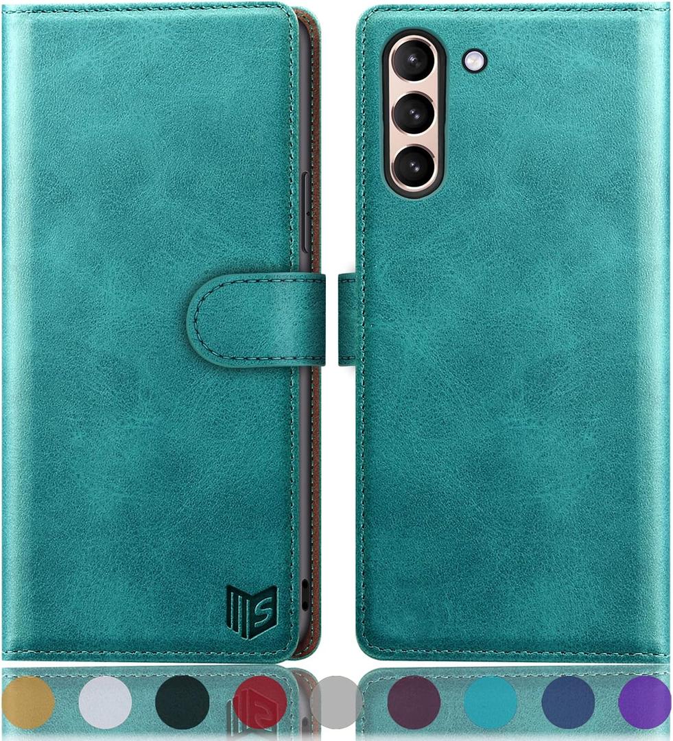 SUANPOT for Samsung Galaxy S21 6.2"(Non S21+) with RFID Blocking Leather Wallet case Credit Card Holder,Flip Folio Book Phone case Shockproof Cover Women Men for Samsung S21 case Wallet Blue Green