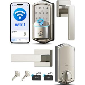 Veise VE027-L Built-in WiFi Smart Lock with Lever Handles, Fingerprint keyless Entry Door Lock Set, App Remote Control, Electronic Deadbolt for Front Door, Touchscreen Keypad, Auto Lock, Satin Nickel
