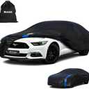 Car Cover Waterproof All Weather for Automobiles, Full Exterior Covers for Sedan & Coupe (186-193 inch) Universal Fit for Ford Mustang, Chevy Camaro Corvette etc. Rain Sun Snow Protection. (Black-Blue)