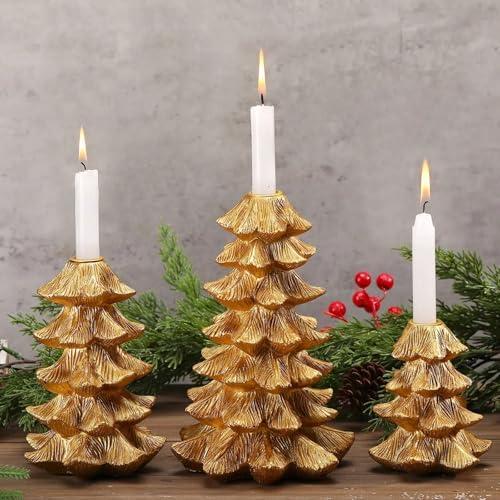 Sliner 2 Pcs Christmas Gold Pine Tree Candle Holders Vintage Taper Decorative Candlestick Fits 0.8" Candle for Christmas Holiday Candles Stand Table Centerpiece Dining Decor