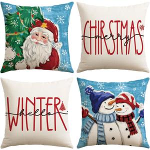 OTOSTAR Set of 4 Sky Blue Christmas Throw Pillow Covers 16x16 Inch Winter Xmas Decorative Pillow Case Cover for Sofa Living Room Holiday Decor (Sky Blue- Santa Claus and Couple Snowman)