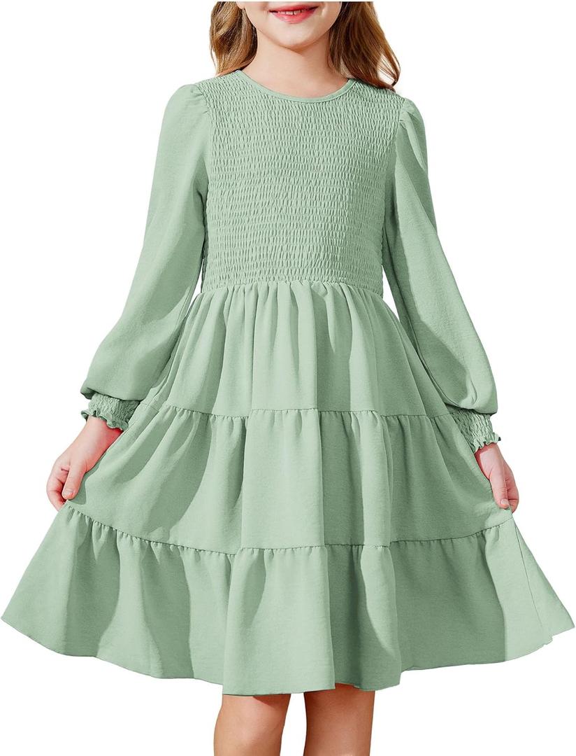 Arshiner Girls Dress Fall Boho Long Sleeve Shirred Smocked Tiered Party Dresses with Pockets (11-12 Y, Sage Green)