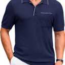 Cotrasen Mens Casual Knitted Polo Shirts Short Sleeve Collared Knit T Shirts Summer Golf Shirts with Pocket (XX-Large, Navy)