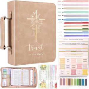 XKDOUS Bible Cover Case for Women, Gold Foiled Leather Bible Bags with Study Supplies, Tabs, Bookmarks, Pens, Large Book Carrying Case with Handle, Mothers Day Christian Gifts for Mom Lady
