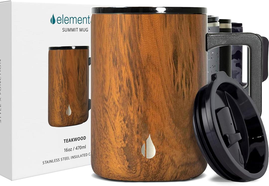 Elemental Insulated Coffee Mug - Triple-Wall Stainless Steel Summit Travel Cup for Hot and Cold Drinks - Thermal Coffee Mug with Lid and Handle for Camping, Office & Travel 16oz - Teakwood