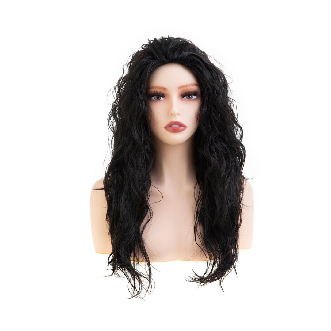 Women Long Curly Wavy Black Wig 70s 80s Rocker Punk Party Funny Costume Wig Natural Looking Halloween Cosplay Hair
