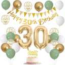 30th Birthday Decorations for Women Men, Happy Banner With Cake Topper Number 30 Foil Balloon, Sage Green White Gold Balloons for 30 Year Old Party Decoration