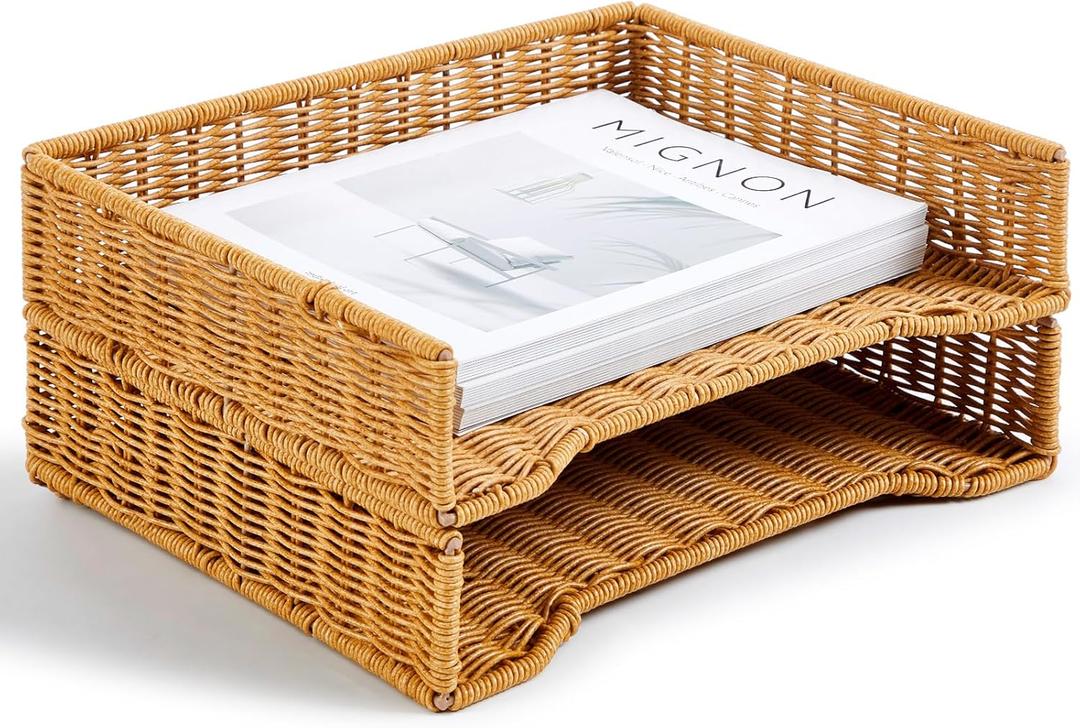 Yeaqee 2 Pcs Paper Tray Organizer for Desk Woven Letter File Organizer A4 File Tray Desk Paper Basket Letter Size Imitation Rattan Holder Organization Rack for Office Storage(Brown,Wheat Ear Pattern)