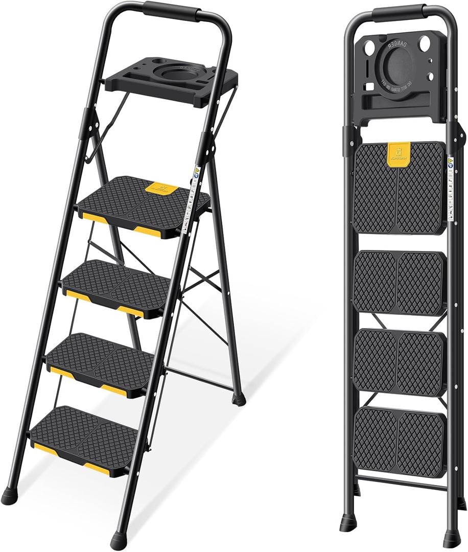 KINGRACK 4 Step Ladder with Tool Platform, Folding Step Stool with Wide Pedal, Safety Locking, Sturdy Steel Ladder Portable Safety Ladder for Adults Painting Home Outdoor Garage (4-Step with Tool Platform)