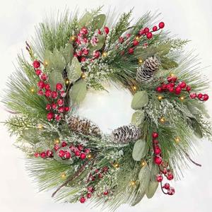 Timer - 20 Inch Flocked Christmas Wreaths for Front Door, Lighted Christmas Wreath with 30 Lights Pine Needles Eucalyptus Cypress Leaves Pinecone Red Berries Xmas Wreath for Home Outdoor Indoor Winter