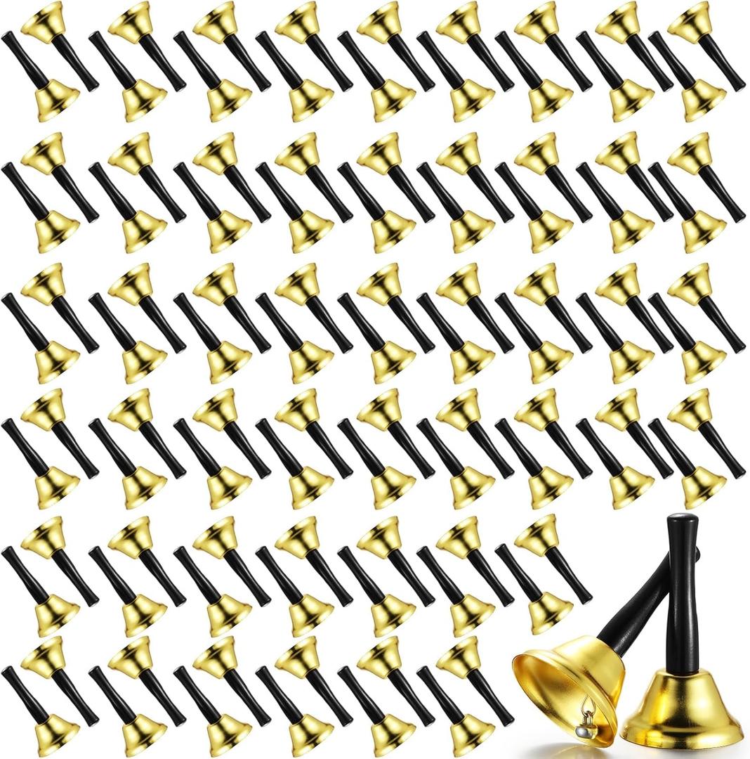 Fumete 100 Pcs Metal Ringing Bells Wedding Dinner Service Call Steel Handbells with Wooden Handle for Wedding Decors Schools Musical Percussion The Sick Elderly Alert(Gold)