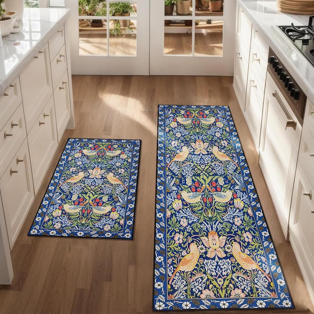 Brevoscht Vintage Boho Floral Bird Kitchen Mat Set of 2, Blue Kitchen Rugs and Mats Non Slip Washable, Home Decor Low-Profile Kitchen Floor Mat (17x30+17''x47'')