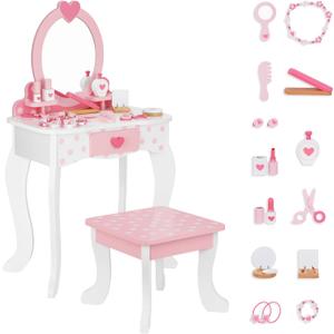 OOOK Kids Vanity Set,Table & Chair Vanity Set with MirrorIncludes 15 pcs Multiple Make up Accessories, Makeup Dressing Table with Storage Drawer, Pink, kids vanity set with stool and mirror