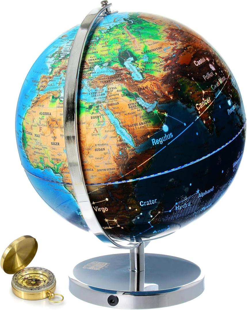 Interactive World Globe for Adults - Large 13 Inch Globe with Stand - Earth Globe with Illuminated Constellations Light Up at Night - Geographic Map for Kids - Educational Learning Gift - Compass to navigate it!
