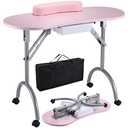 Joligrace Professional Foldable & Portable Manicure Table Nail Technician Desk Workstation 4 Lockable Wheels with Drawer Client Wrist Pad Free Carrying Bag Travel Nail Tech Spa Beauty Table Pink