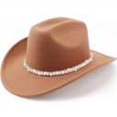 Western Cowboy Hats for Women Classic Felt Wide Brim Fedora Hat with Belt Buckle Retro Panama Hat Unisex Rolled up Cap (1 Pack : Khaki)