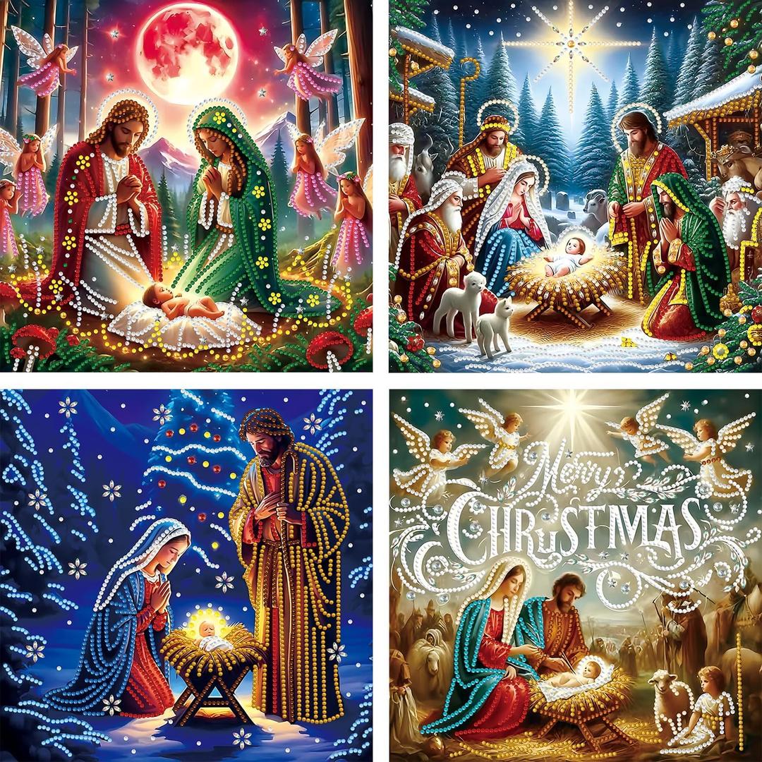 4 Pack Jesus Nativity Diamond Painting Kits for Beginners, 5D Christmas Crystal Diamond Art for Adults, DIY Drill Diamond Dot Special Shape Rhinestones Gem paintings, Home Wall Decor 11.8X11.8 Inch