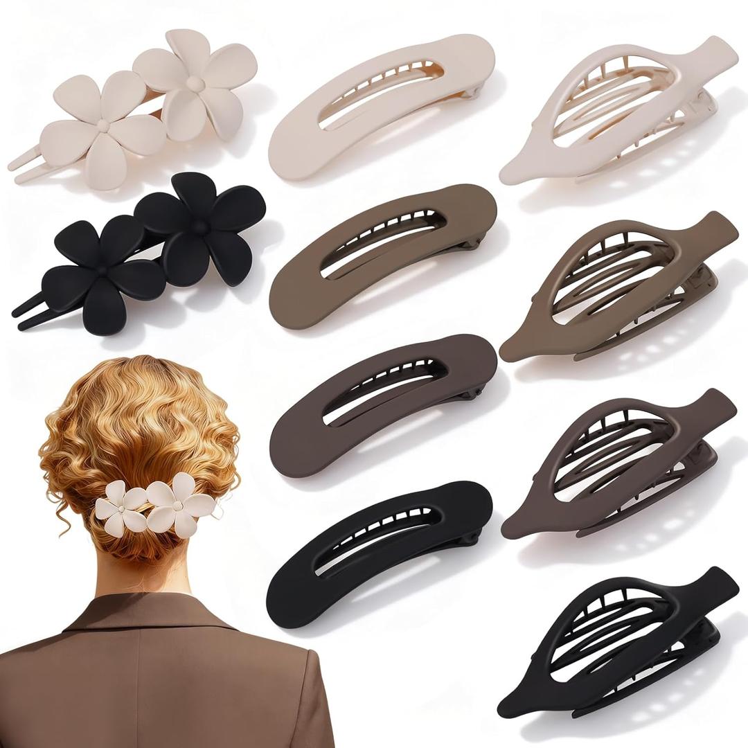 Slevaty 12 Pcs Flat Hair Clips for Women, 3 Styles Matte Flower Hair Clips and Flat Clips, Big and Small Neutral Colors Non-slip Flat Claw Clips Thin Thick Curly Straight Hair Accessories