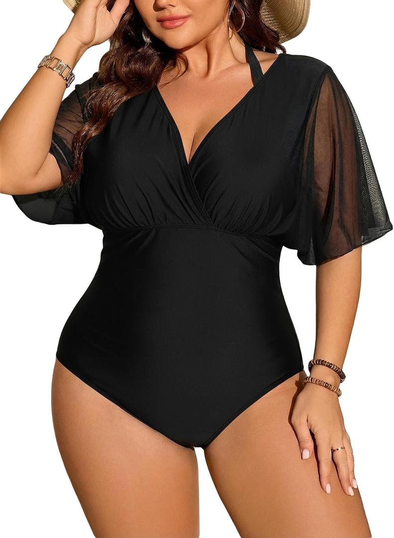 Floerns Women's Plus Size One Piece Swimsuit Floral Print Halter Tie Back Short Sleeve Beachwear Plain Black XX-Large Plus